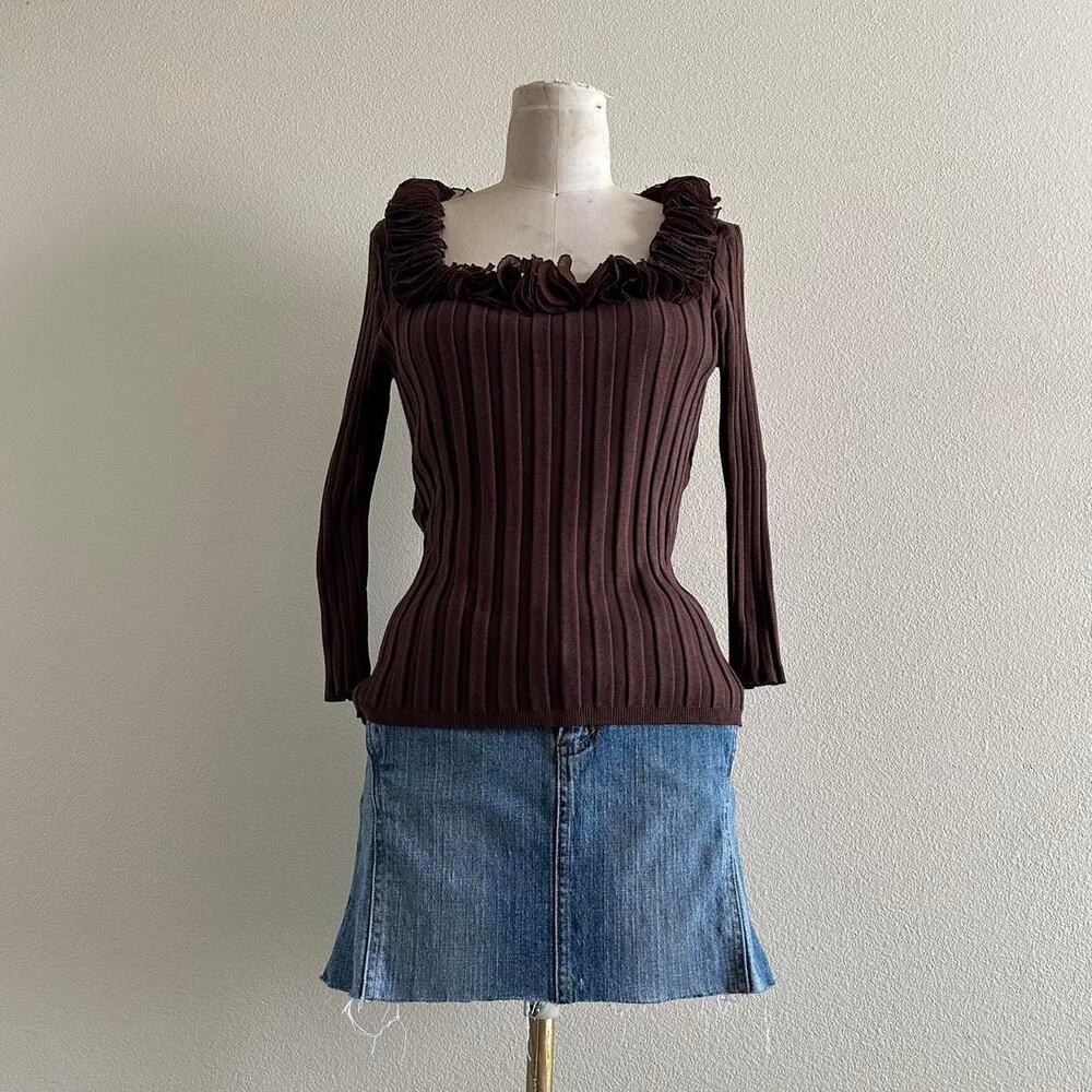 Vintage Evie brown silk blend babydoll ruffle knit blouse
